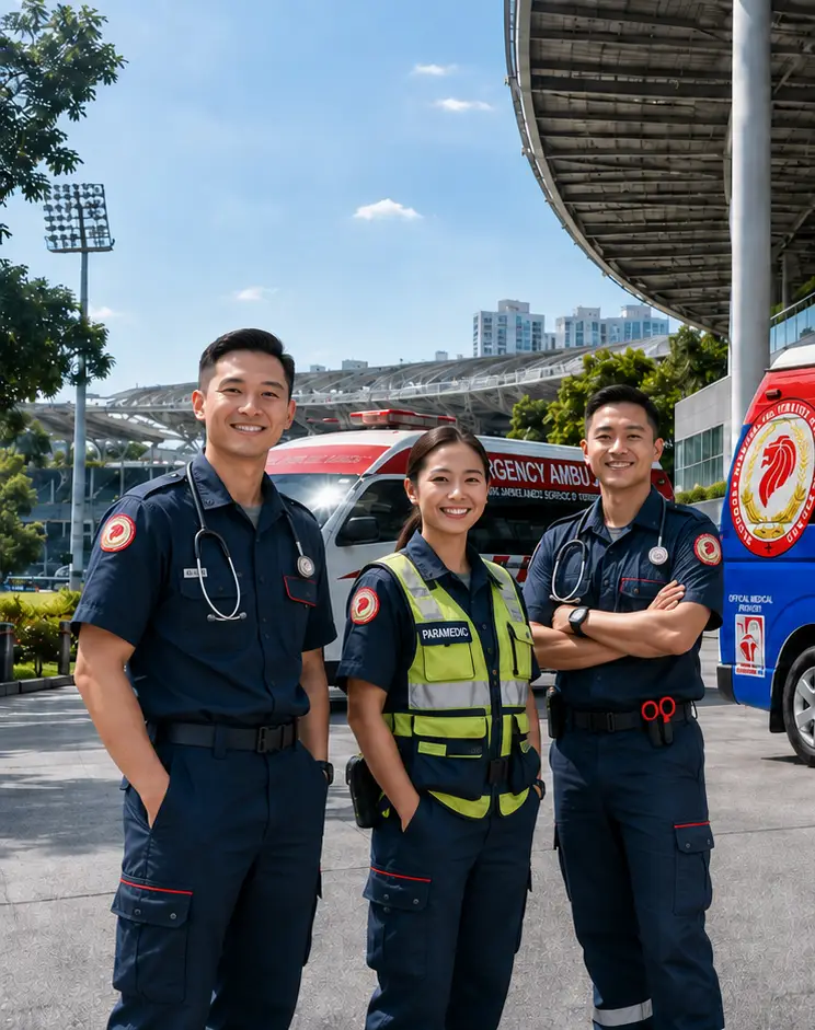Emergency medical crew with ambulance